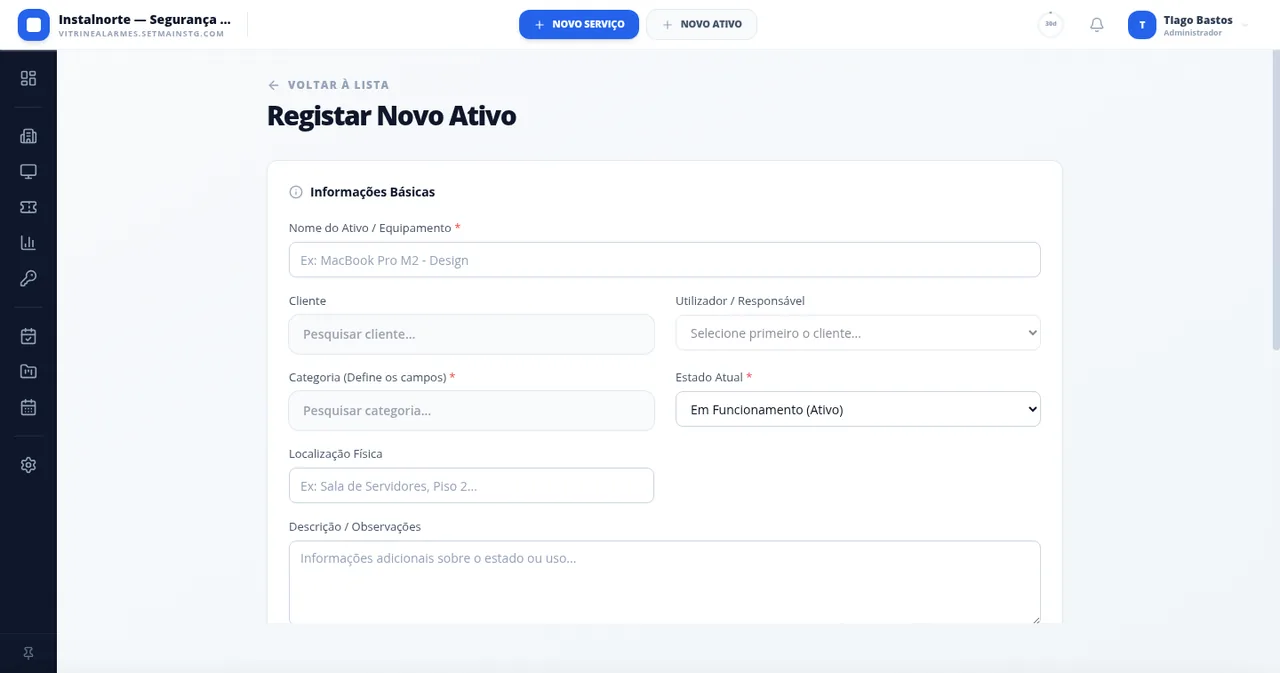 Ficha de um equipamento instalado num cliente, no Setmain