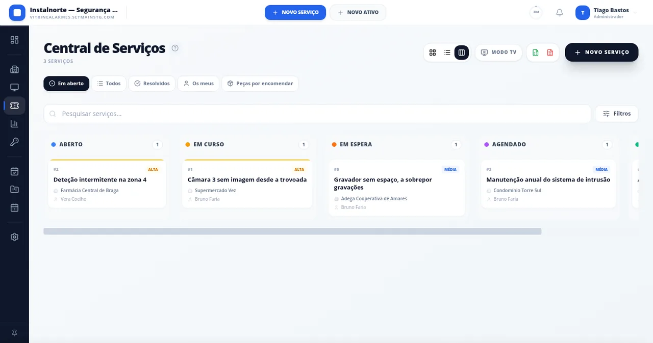 Quadro de assistências de uma empresa instaladora no Setmain, com avarias e manutenções por cliente.