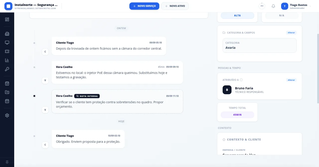 Ficha de uma assistência técnica no Setmain com conversa e custos
