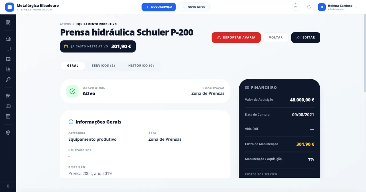 Ficha de equipamento no Setmain com dados de aquisição, localização e histórico de manutenção.