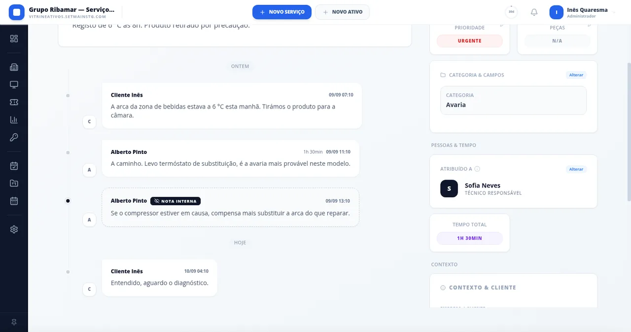 Pedido interno de manutenção no Setmain com conversa e custos