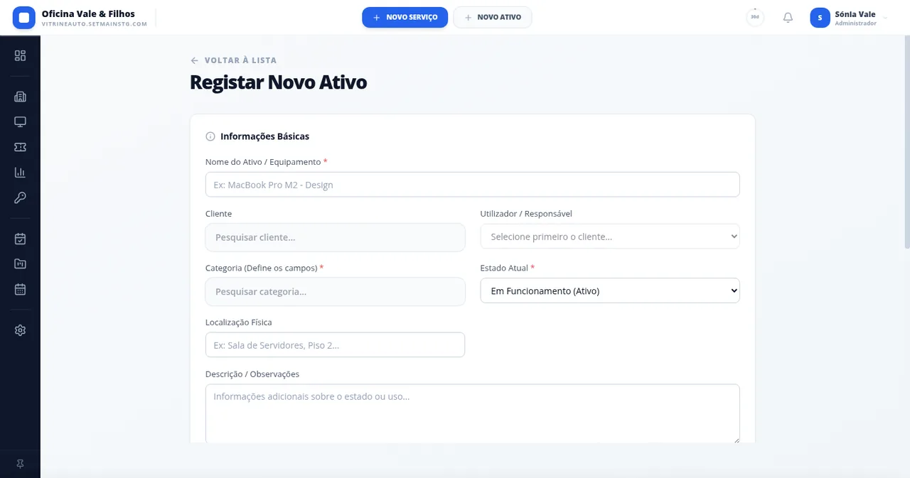 Ficha de uma viatura no Setmain com histórico de reparações