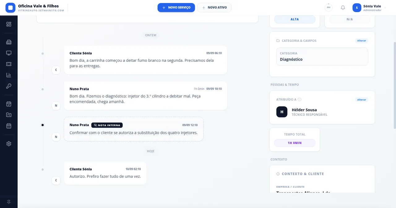 Ficha de um serviço de oficina no Setmain com conversa, custos e estado