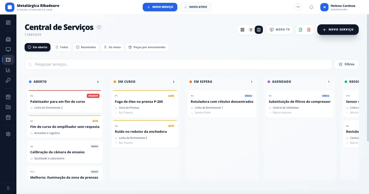 Quadro de manutenção do Setmain com avarias e preventivas por linha de produção, prioridade e técnico responsável.