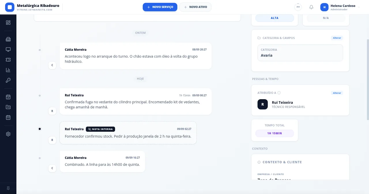 Ficha de uma avaria no Setmain com conversa, SLA, equipamento e estado.